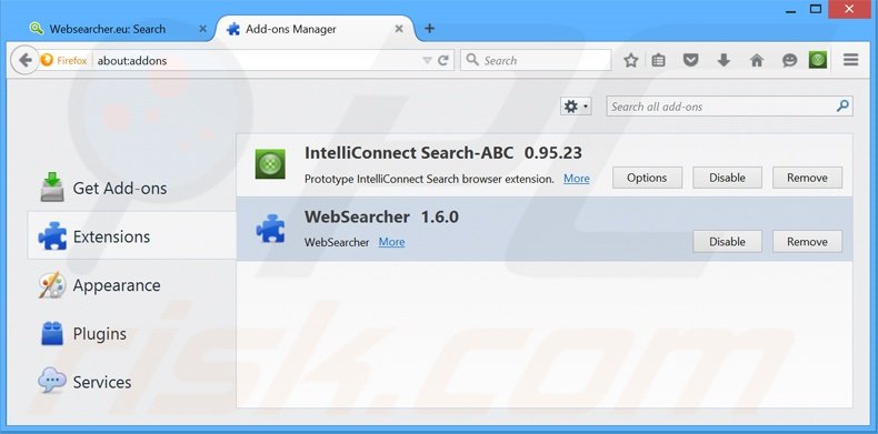 Removendo os anúncios WebSearcher do Mozilla Firefox passo 2