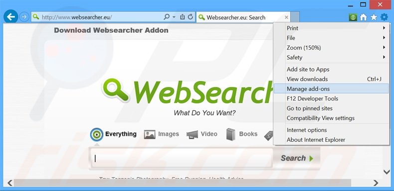 Removendo os anúncios WebSearcher do Internet Explorer passo 1