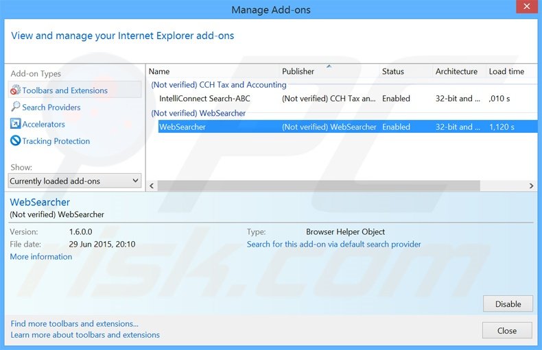 Removendo os anúncios WebSearcher do Internet Explorer passo 2