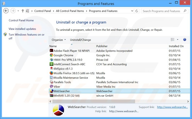 Desinstalar o adware WebSearcher através do Painel de Controlo