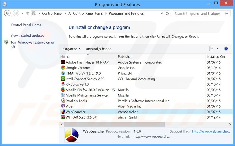 Desinstalar o adware WebSearcher através do Painel de Controlo