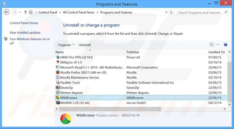 desinstalar o adware WikiBrowser através do Painel de Controlo