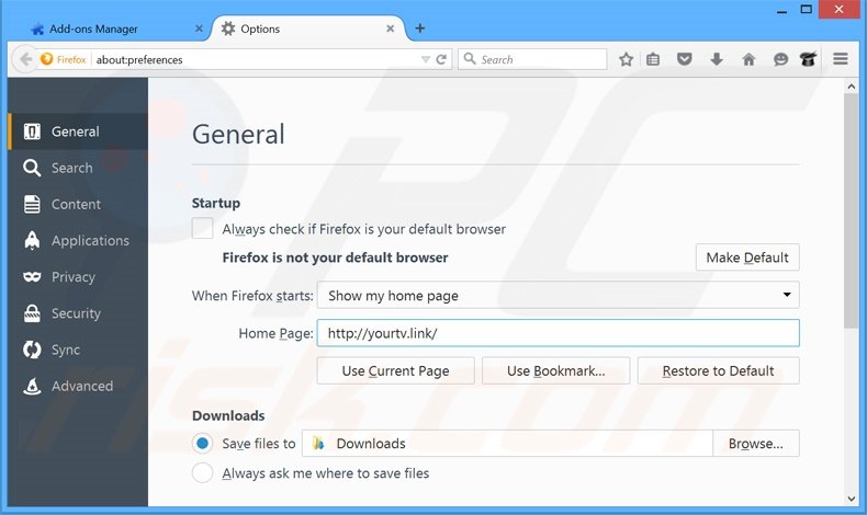 Removendo a página inicial yourtv.link do Mozilla Firefox