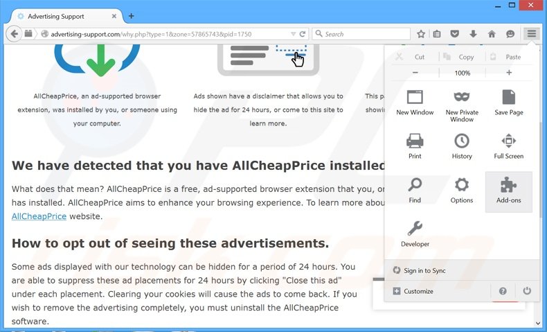 Removendo os anúncios Ads Remover do Mozilla Firefox passo 1