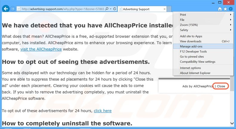 Removendo os anúncios Ads Remover do Internet Explorer passo 1