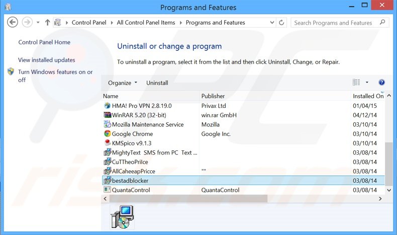 desinstalar o adware Ads Remover via Painel de Controlo