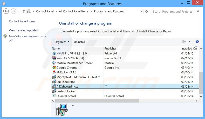 desinstalar o adware AllCheapPrice via Painel de Controlo