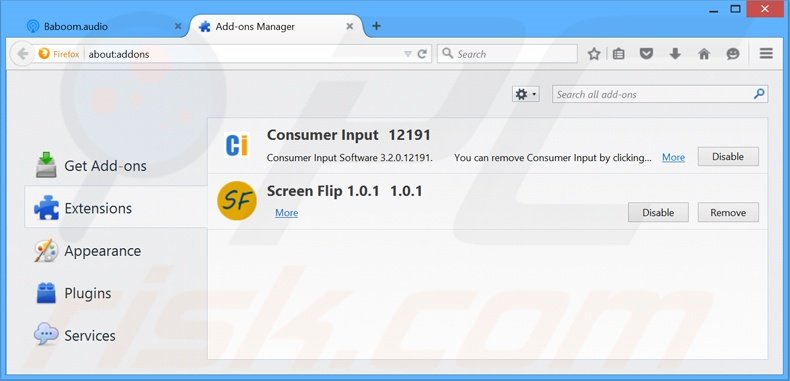 Removendo as extensões relacionadas a baboom.audio do Mozilla Firefox