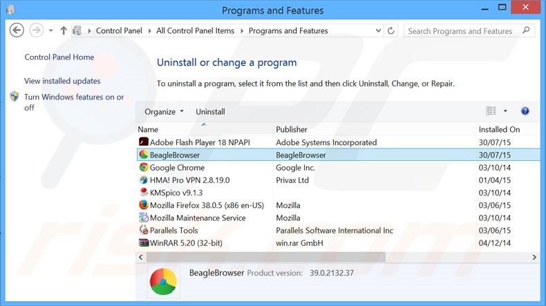 desinstalar o adware BeagleBrowser através do Painel de Controlo