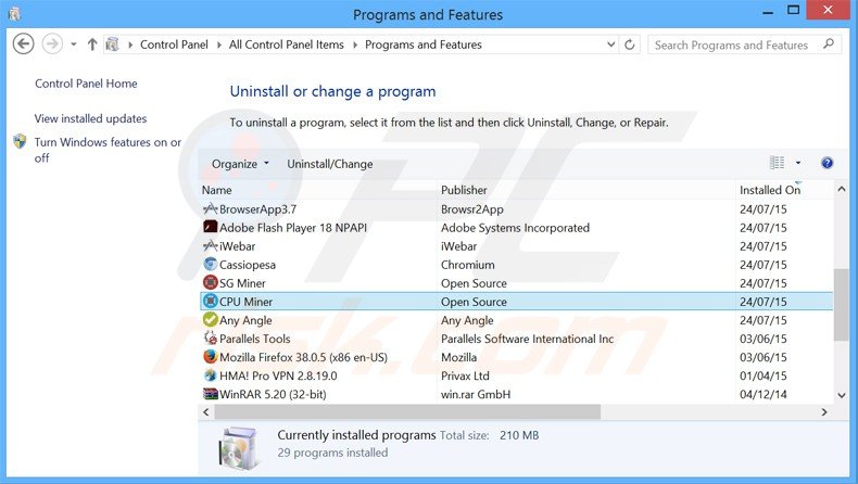 desinstalar o adware cpu miner via Painel de Controlo