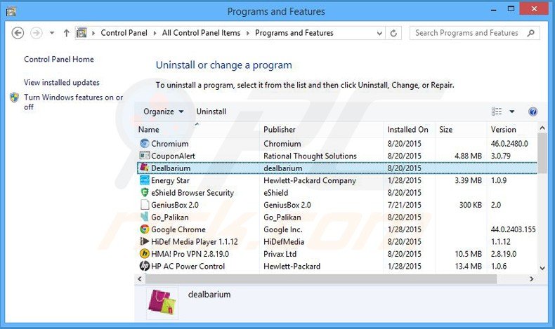 desinstalar o adware dealbarium via Painel de Controlo