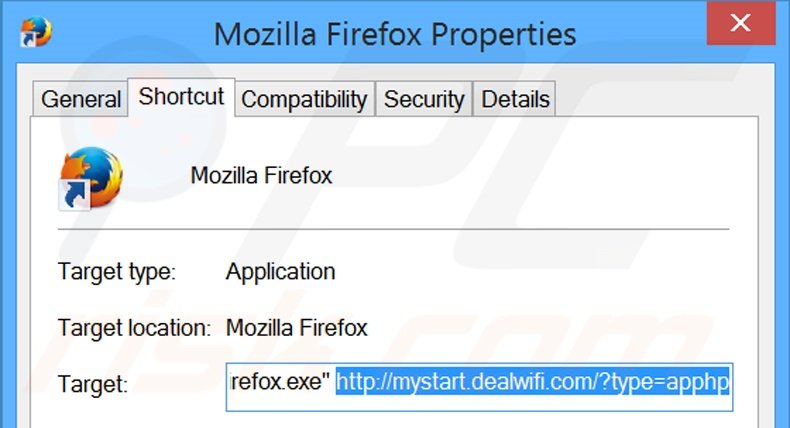 Removendo mystart.dealwifi.com do atalho do Mozilla Firefox passo 2
