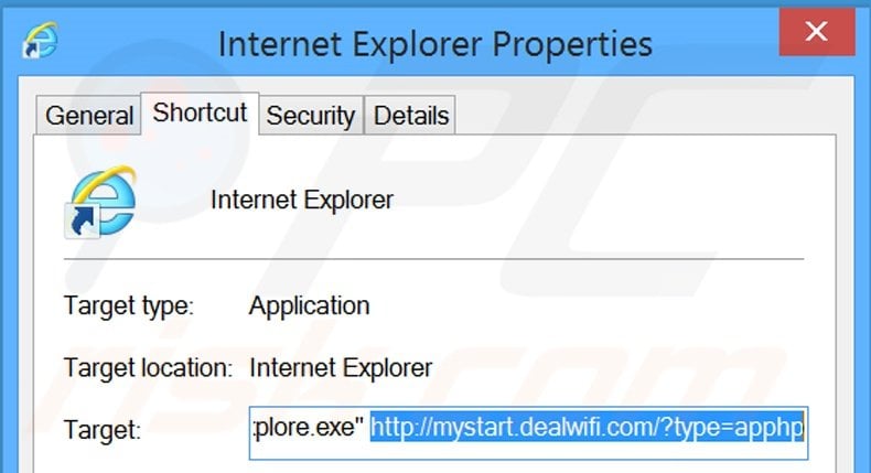 Removendo mystart.dealwifi.com do atalho do Internet Explorer passo 2