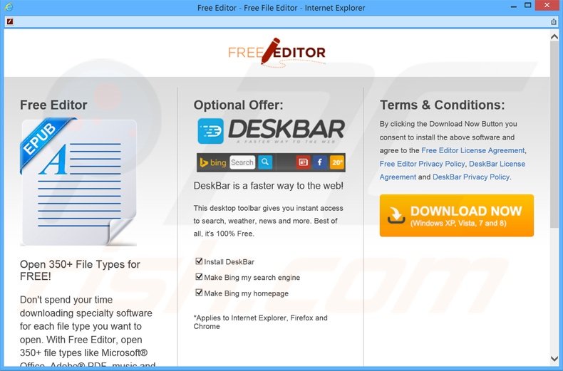 Website usado a promover a barra de ferramentas do adware DeskBar