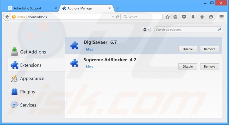 Removendo os anúncios DigiSaver do Mozilla Firefox passo 2