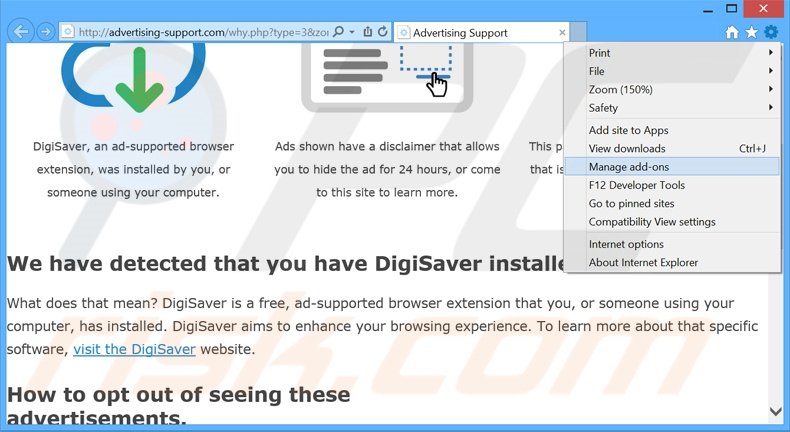 Removendo os anúncios DigiSaver do Internet Explorer passo 1