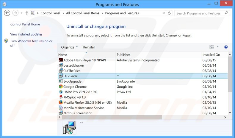 desinstalar o adware DigiSaver via Painel de Controlo