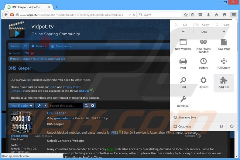 Removendo os anúncios DNS Keeper do Mozilla Firefox passo 1