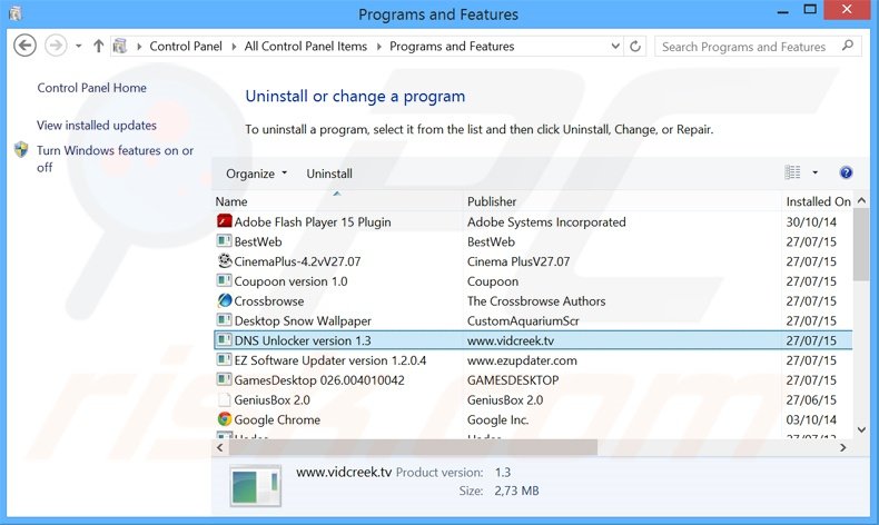 desinstalar o adware DNS Keeper via Painel de Controlo