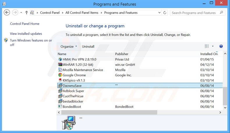 desinstalar o adware DownSave via Painel de Controlo