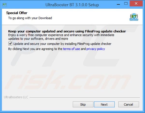 Configuração da instalação fraudulenta usada para distribuir o adware FilesFrog 