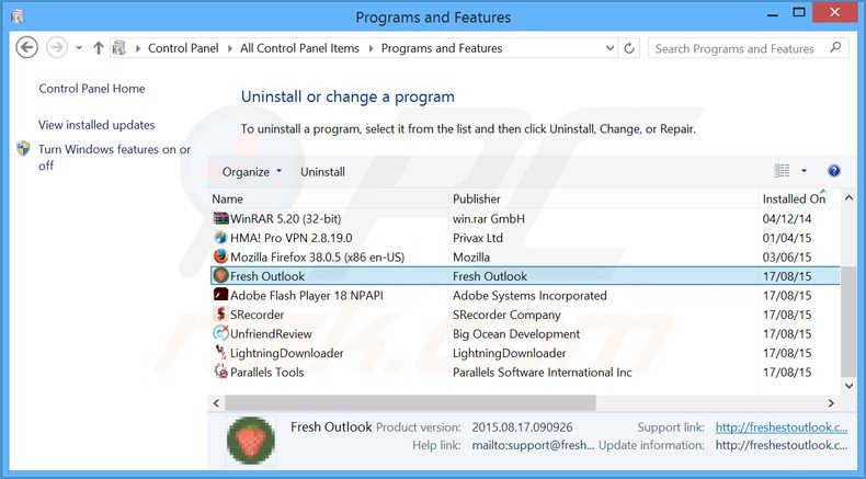 desinstalar o adware fresh outlook via Painel de Controlo