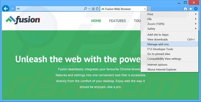 Removendo os anúncios Fusion Browser do Internet Explorer passo 1