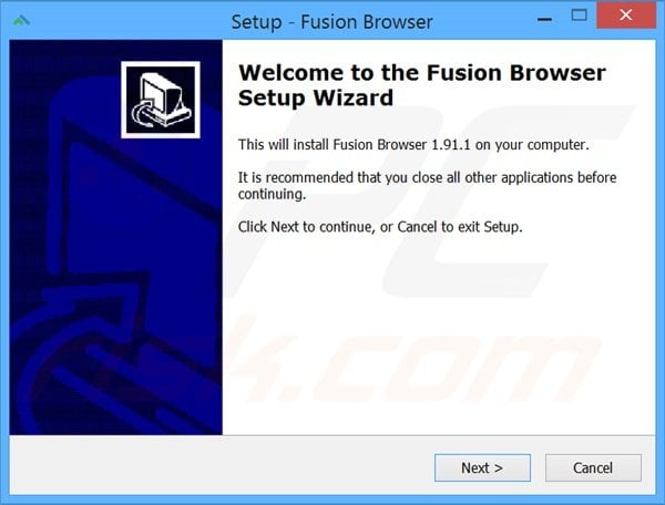 Configuração da instalação do adware oficial de Fusion Browser
