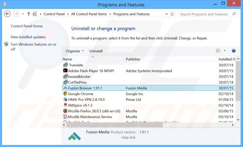 desinstalar o adware Fusion Browser através do Painel de Controlo