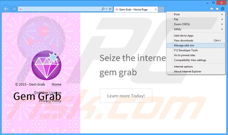 Removendo os anúncios Gem Grab do Internet Explorer passo 1