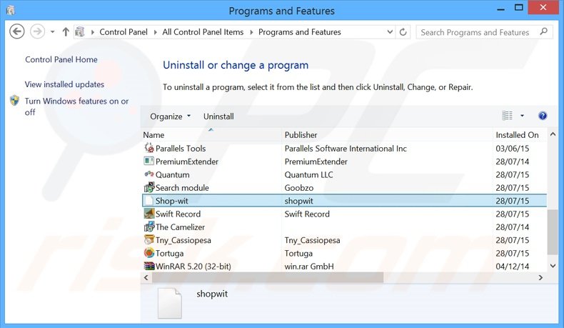 desinstalar o adware Shop-Wit via Painel de Controlo