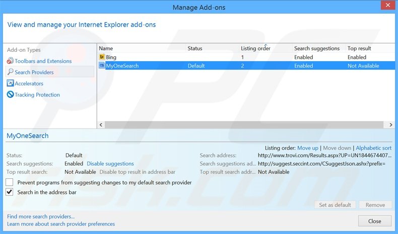 Removendo o motor de busca inicial MyOneSearch do Internet Explorer
