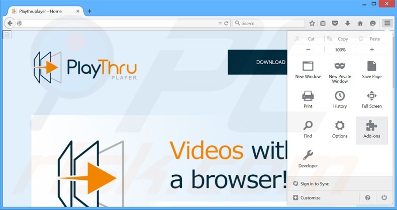 Removendo os anúncios Playthru Player do Mozilla Firefox passo 1