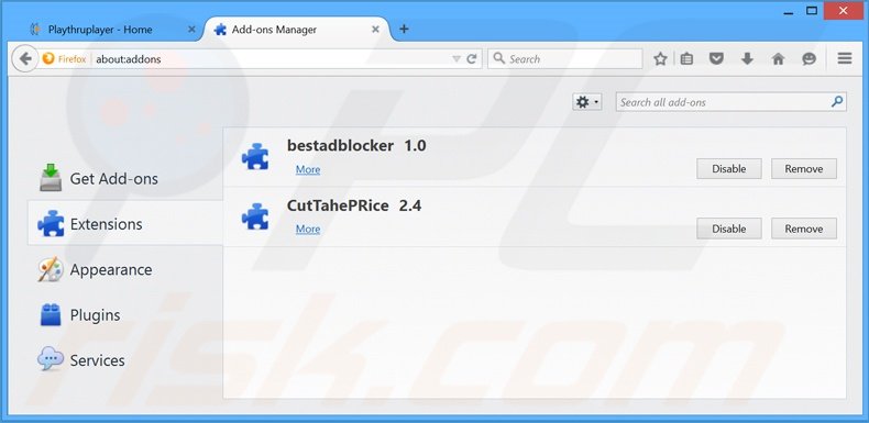 Removendo os anúncios Playthru Player do Mozilla Firefox passo 2