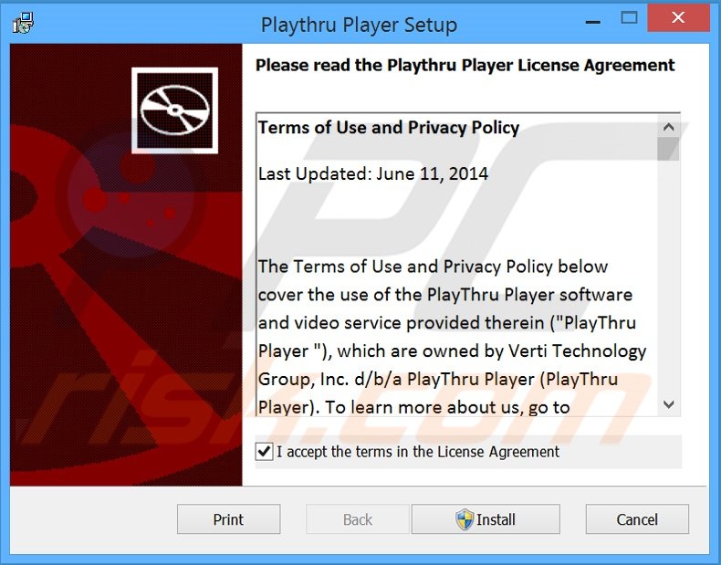 Instalador de software gratuito fraudulento usado na distribuição do adware Playthru Player (exemplo 2)