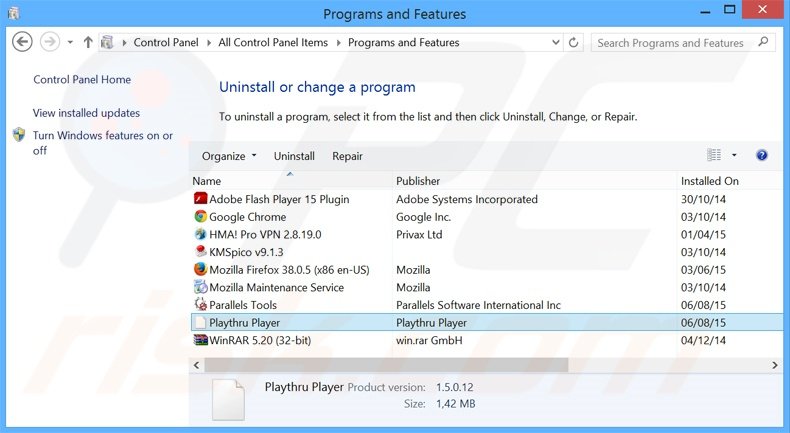 desinstalar o adware Playthru Player via Painel de Controlo