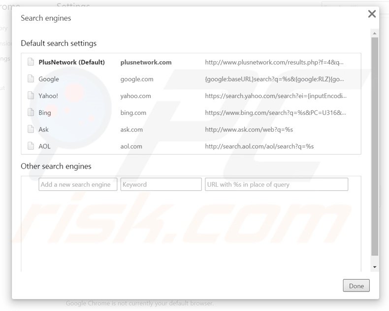 Removendo plusnetwork.com do motor de busca padrão do Google Chrome