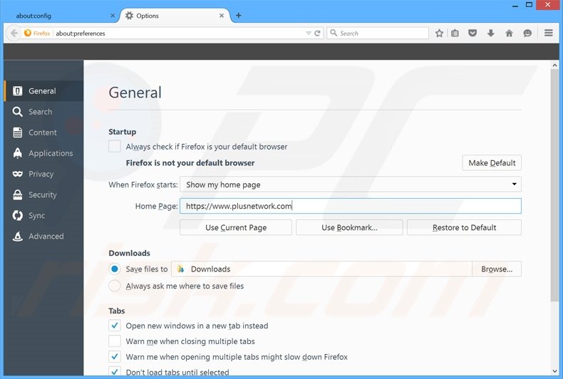 Removendo plusnetwork.com da página inicial do Mozilla Firefox