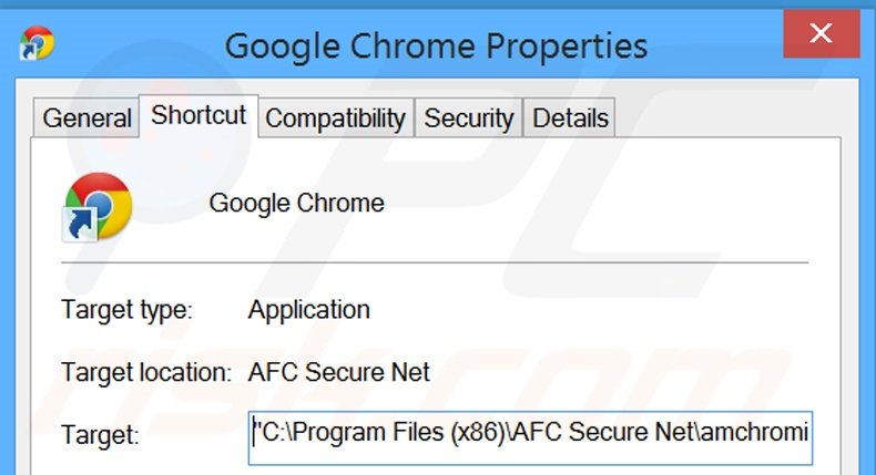 Removendo search.protectedio.com do atalho do Google Chrome passo 2