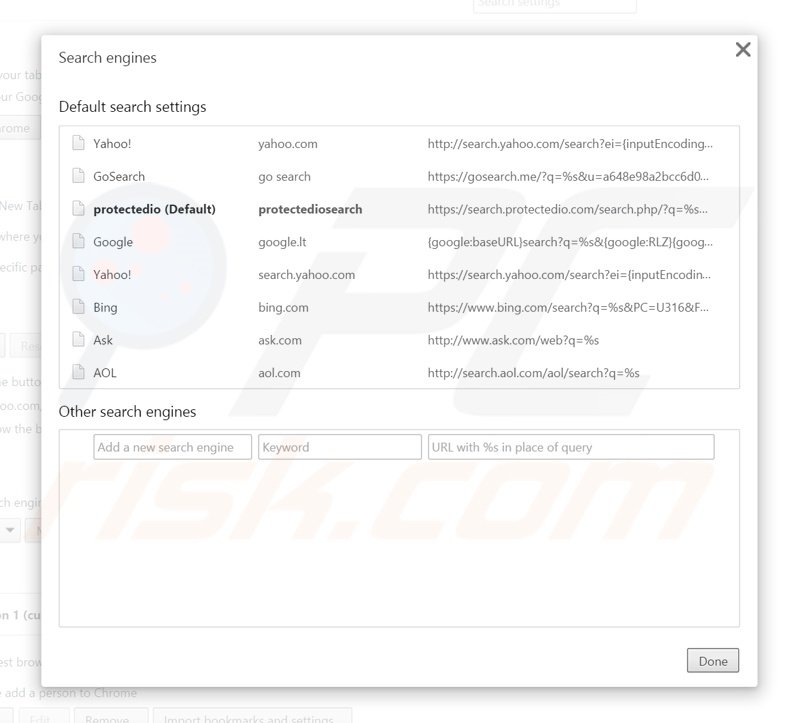 Removendo search.protectedio.com do motor de busca padrão do Google Chrome