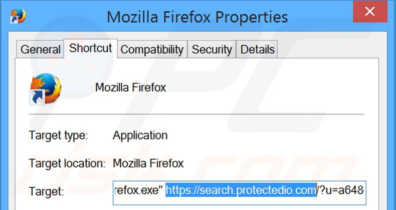 Removendo search.protectedio.com do atalho do Mozilla Firefox passo 2