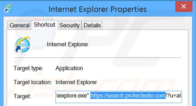 Removendo searches.protectedio.com do atalho do Internet Explorer passo 2