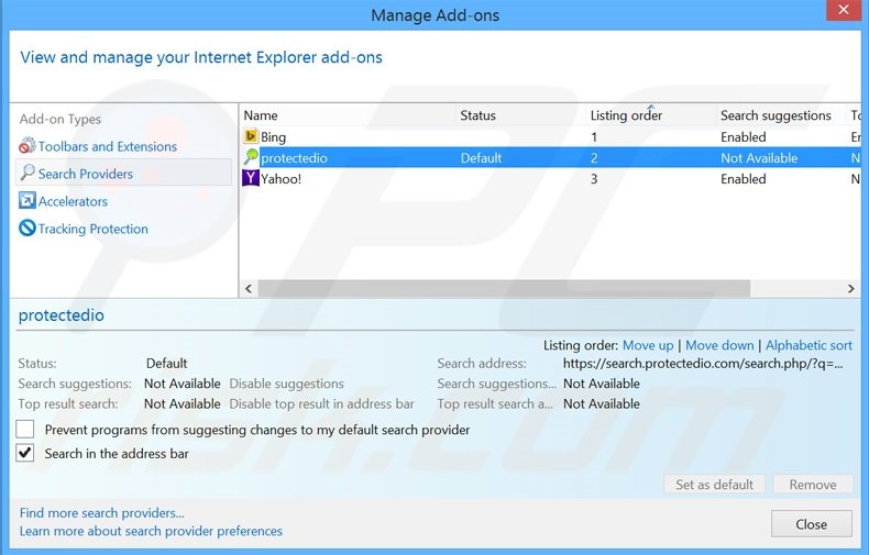 Removendo o motor de busca inicial search.protectedio.com do Internet Explorer