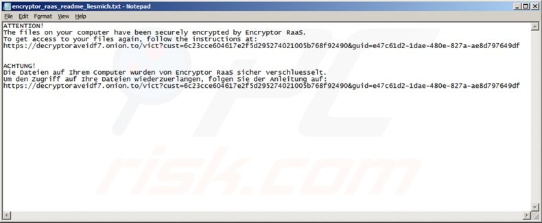 O ransomware RaaS cria um ficheir de texto no ambiente de trabalho