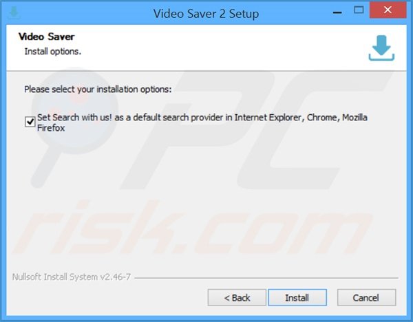 Configuração do instalador Video Saver a distribuir o sequestrador de navegador search.com
