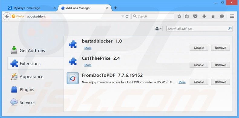 Removendo as extensões relacionadas a search.myway.com do Mozilla Firefox