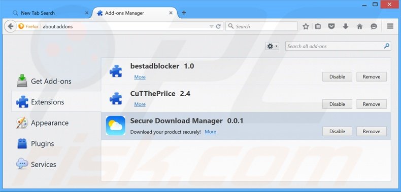 Removendo as extensões relacionadas a search.secure-dm.com do Mozilla Firefox