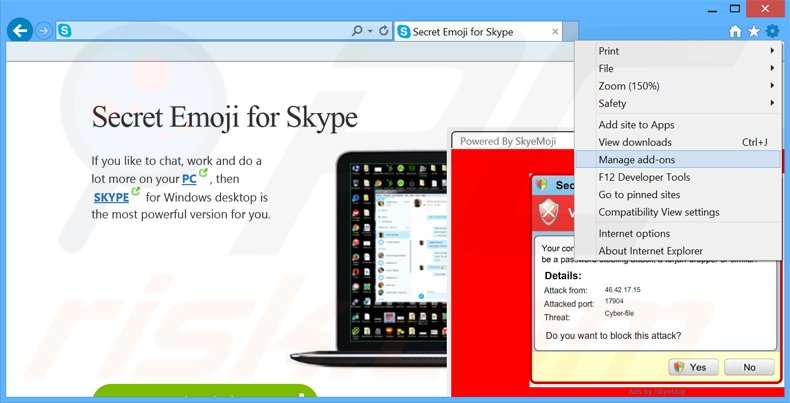 Removendo os anúncios SkyeMoji do Internet Explorer passo 1