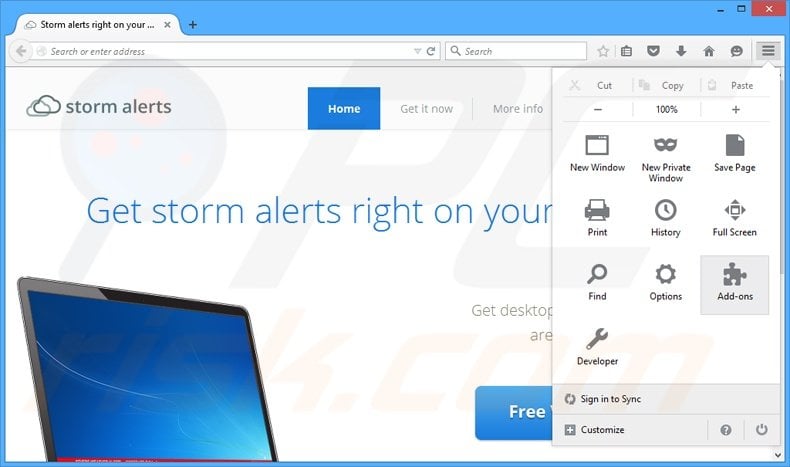 Removendo os anúncios StormAlerts do Mozilla Firefox passo 1