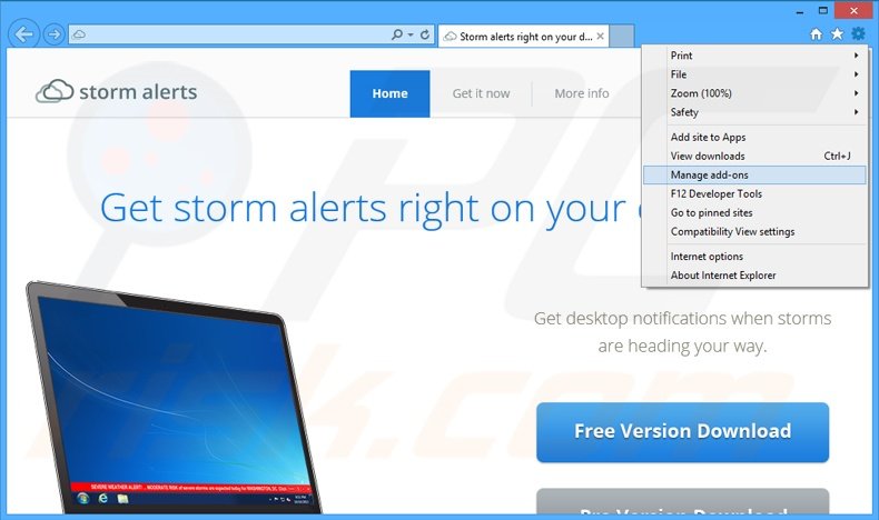 Removendo os anúncios StormAlerts do Internet Explorer passo 1
